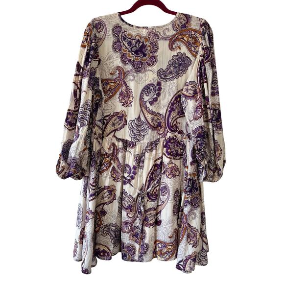 Band of the Free Lynnette Purple & Cream Paisley Print Boho Mini Dress Medium - Picture 2 of 9